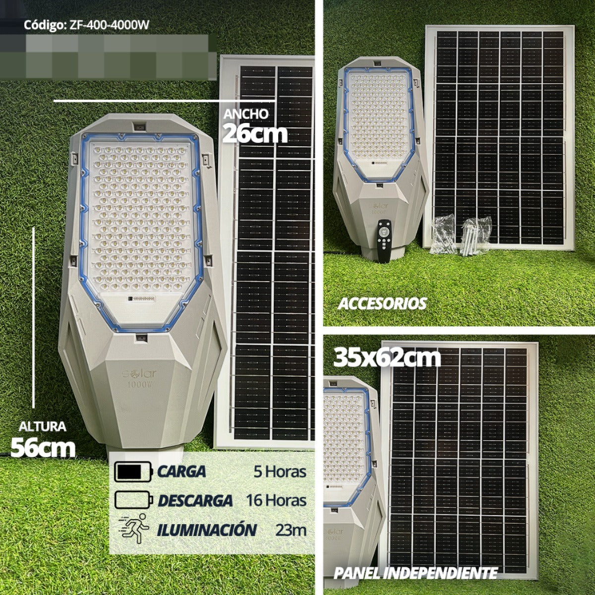 Lámpara Solar ZF-400-4000W con Panel Independiente | Ilumina hasta 23m